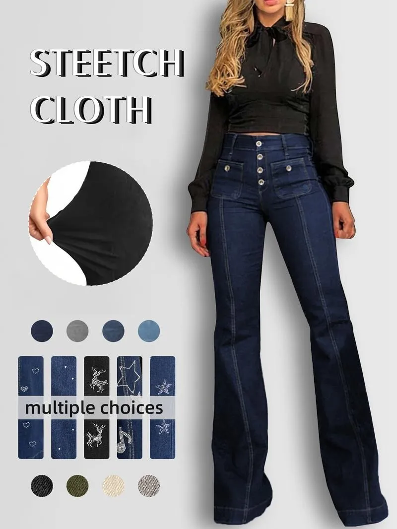 Women's Plain Flare Leg Jeans with Button & Pockets , Casual Bell Bottom Trousers for Daily Wear