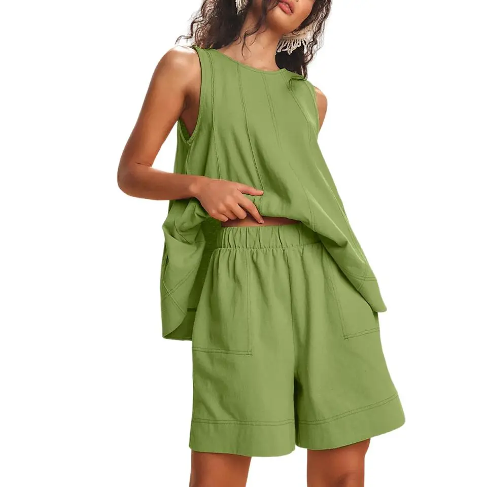 Womens 2 Piece Outfits Sleeveless Matching Sets A Line Tank Tops Contrast Stitching High Waist Shorts with Pockets