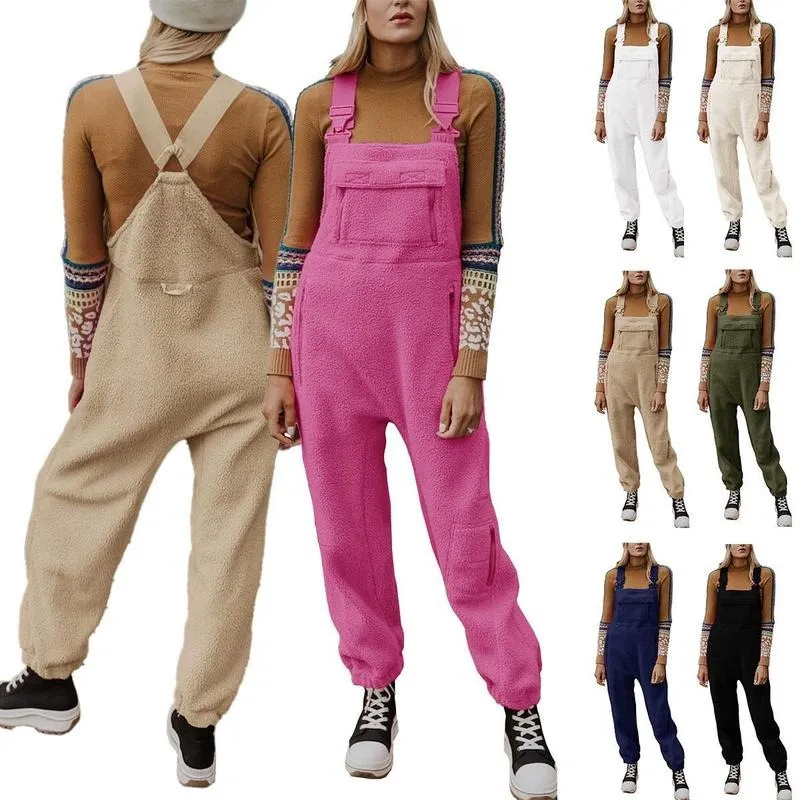 Women's Fleece Warm Overalls Winter Loose Casual Jumpsuits with Pockets