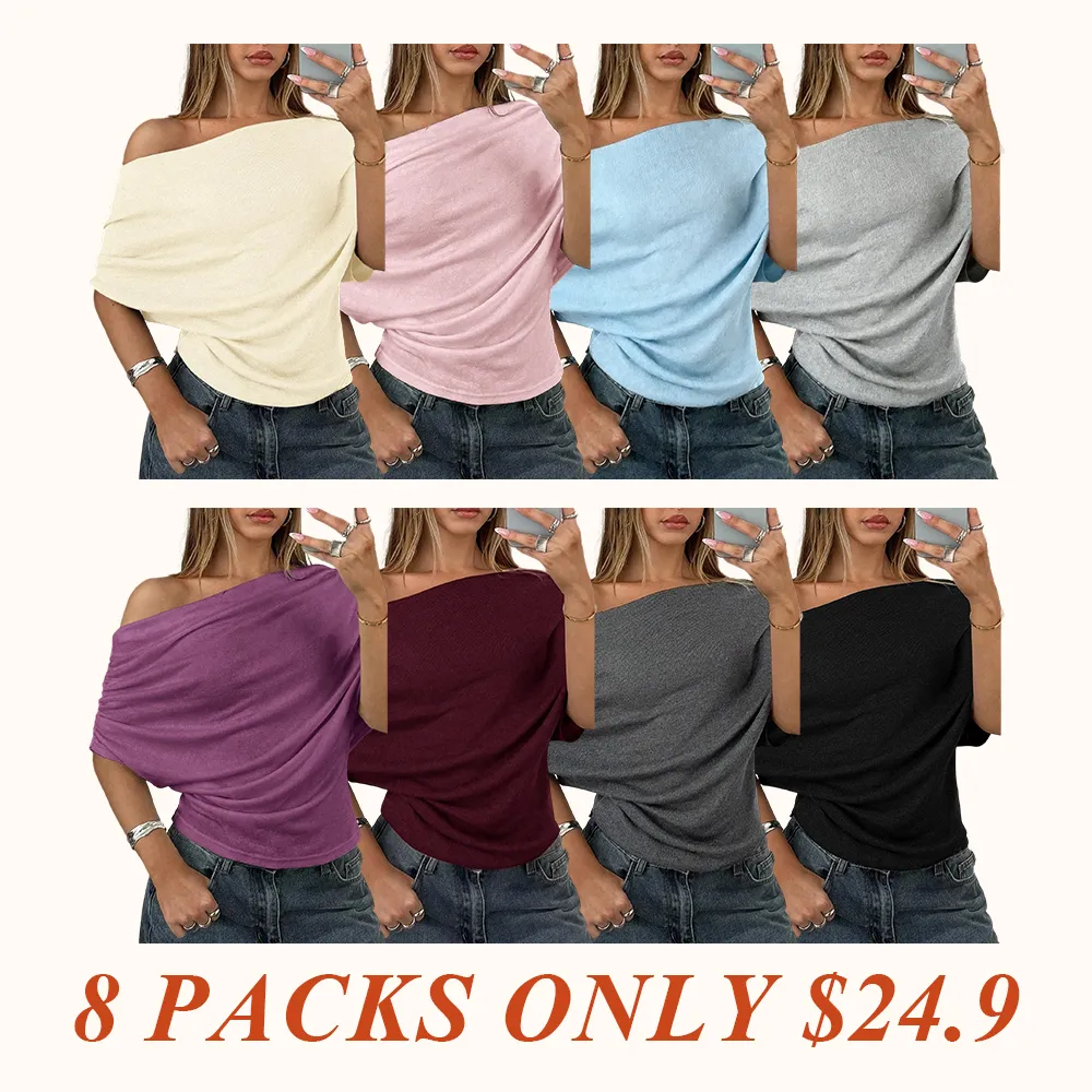 Women's Summer Autumn Plain Asymmetrical Shoulder Batwing Sleeve Knit T-Shirt