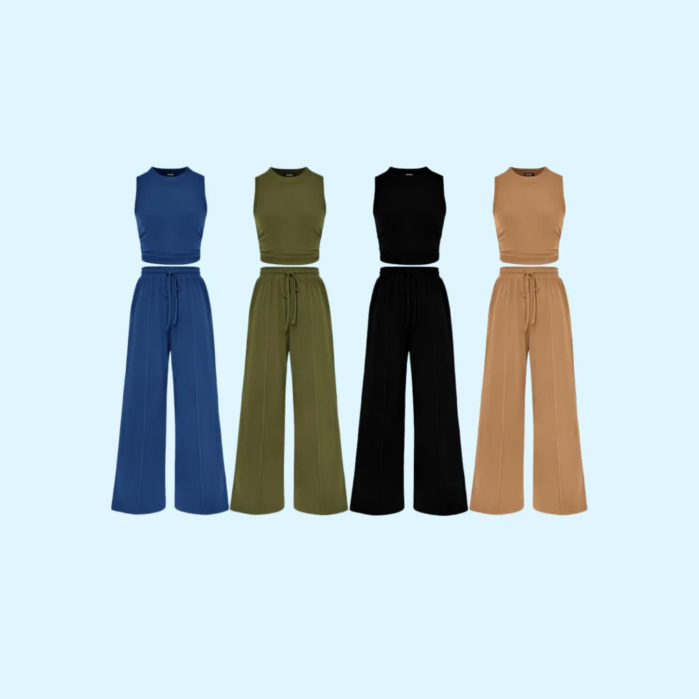 Women's 2-Piece Ribbed Knit Sleeveless Cropped Top & Wide Leg Pants