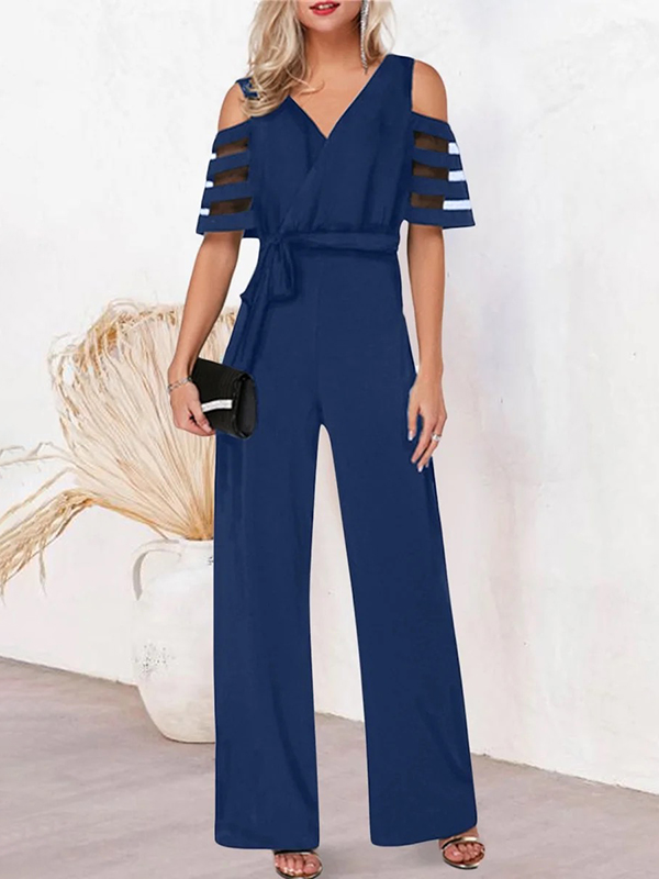 Hollow Mesh Solid Color Tied Waist High Waisted Loose V-Neck Jumpsuits