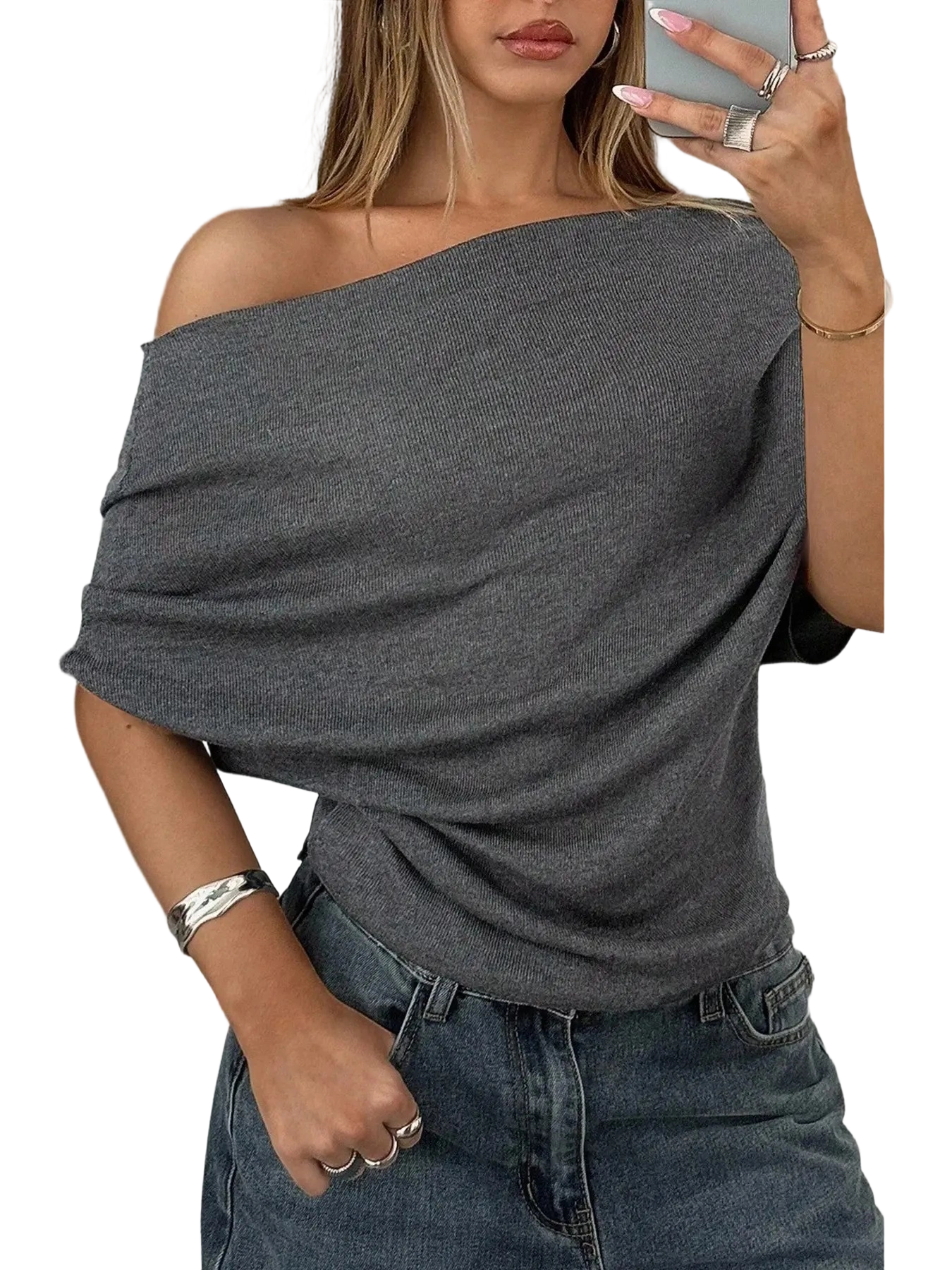 Chic Asymmetrical Shoulder Knit Top