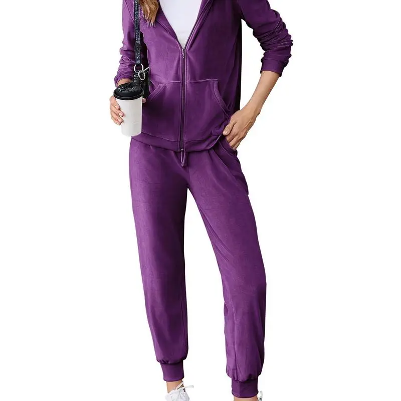 Women's Casual Velour Tracksuit Set Full Zipper Hoodie
