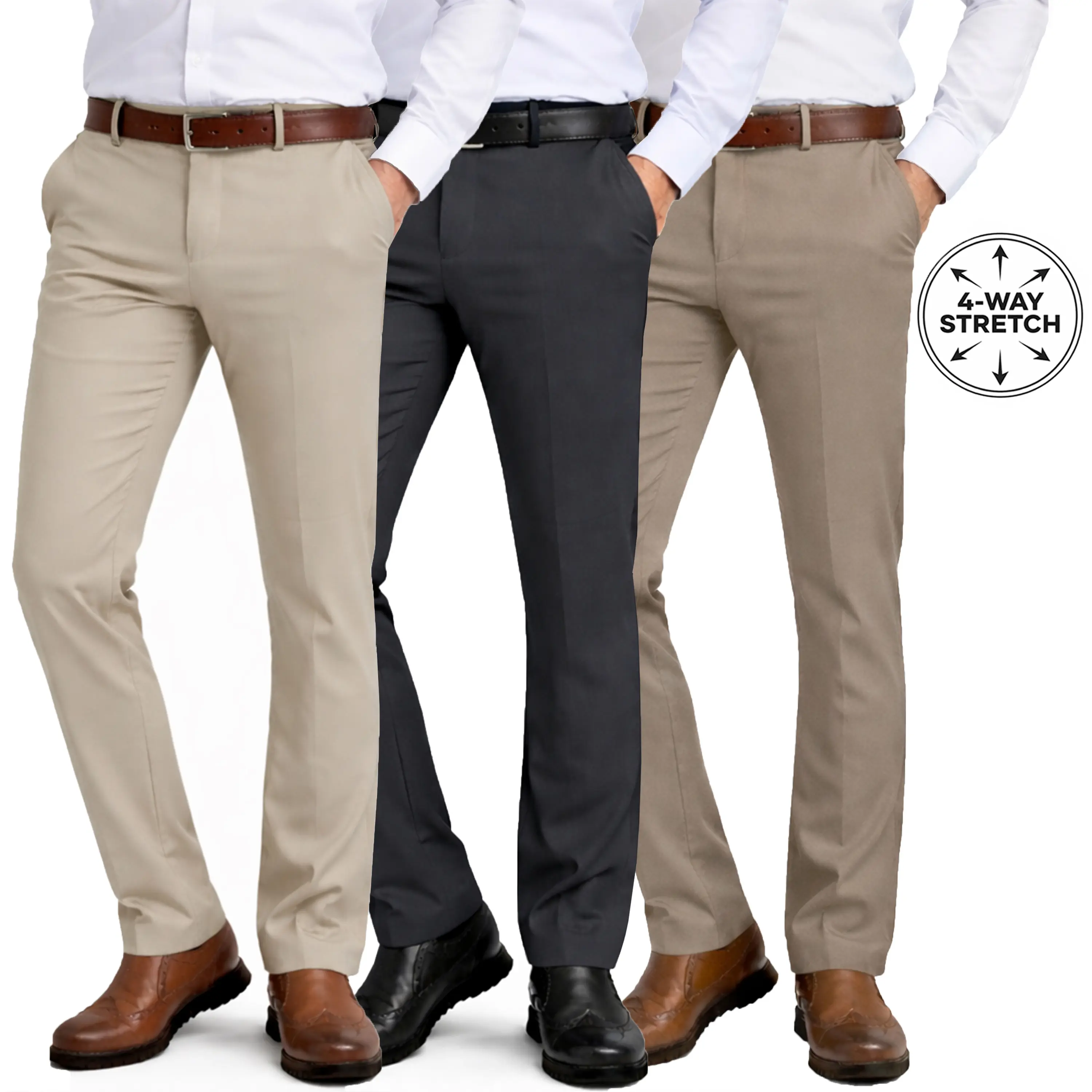 3-Pack Mens Flex Stretch Slim Fit Dress Pants (Sizes, 30-40)