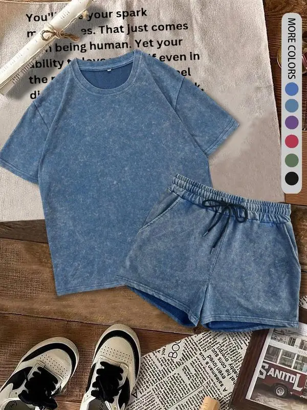 Women's Solid Tee & Denim-Print Shorts Set