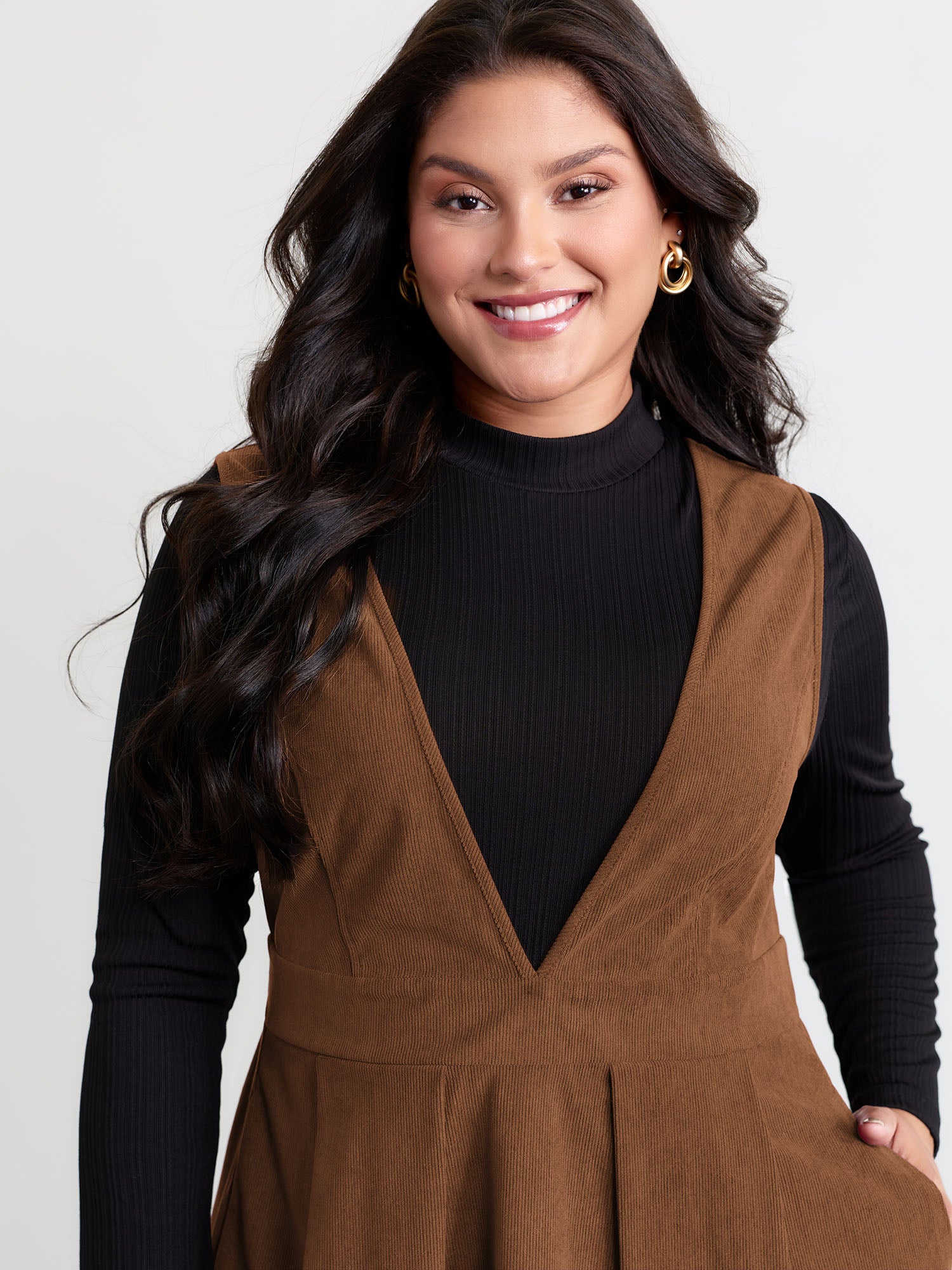 Corduroy Stretchy Waist V-Neck Mini Dress