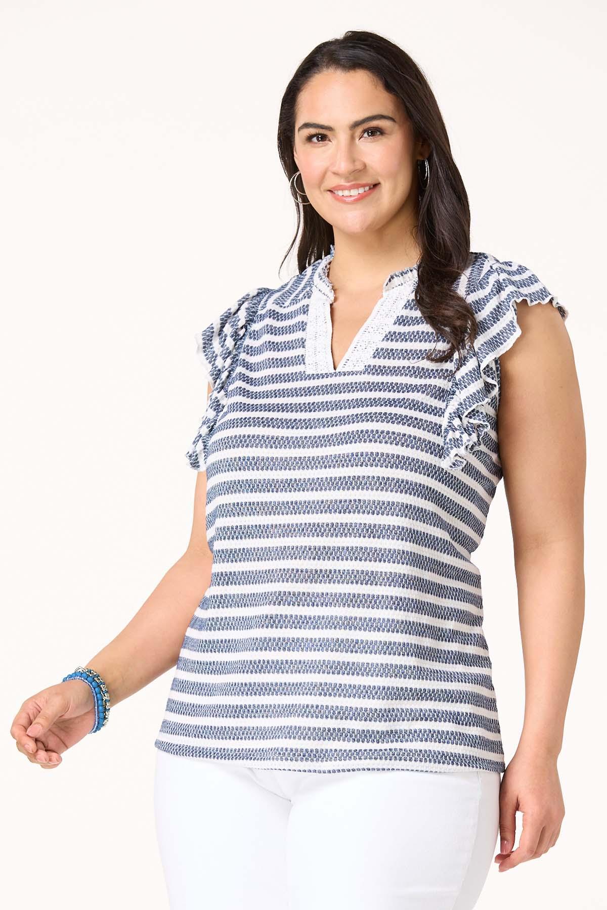 Plus Size Textured Stripe Ruffle Trim Top