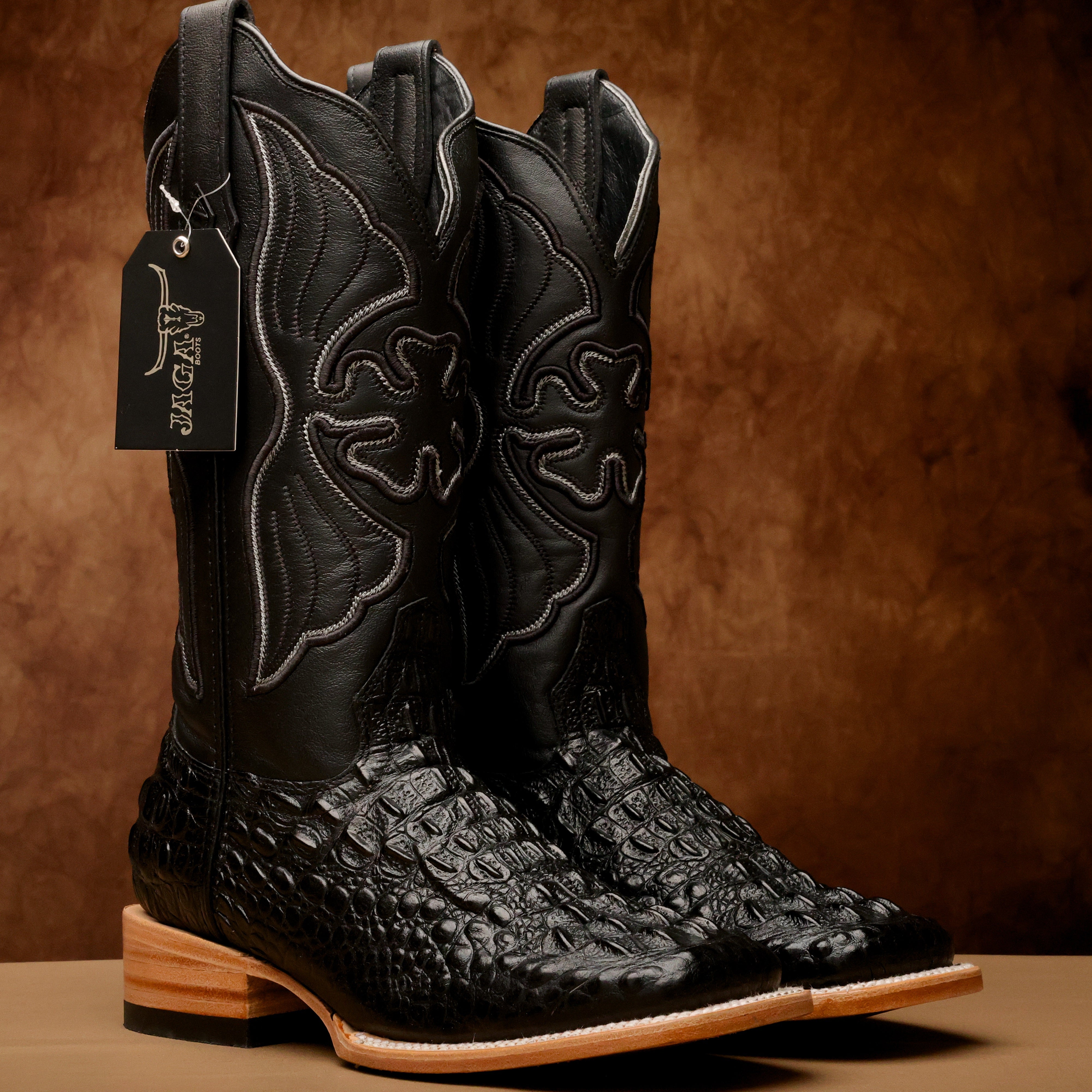 Black Caiman Neck Leather Boots - Square Toe