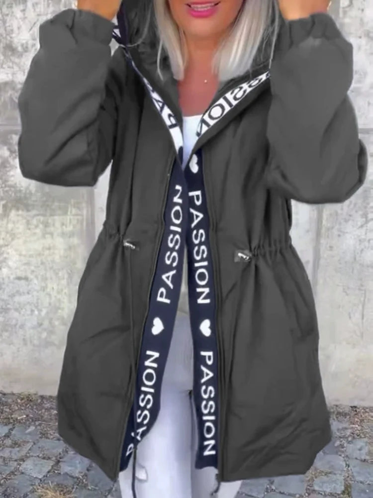 Women Hooded Letter Print Casual Coat