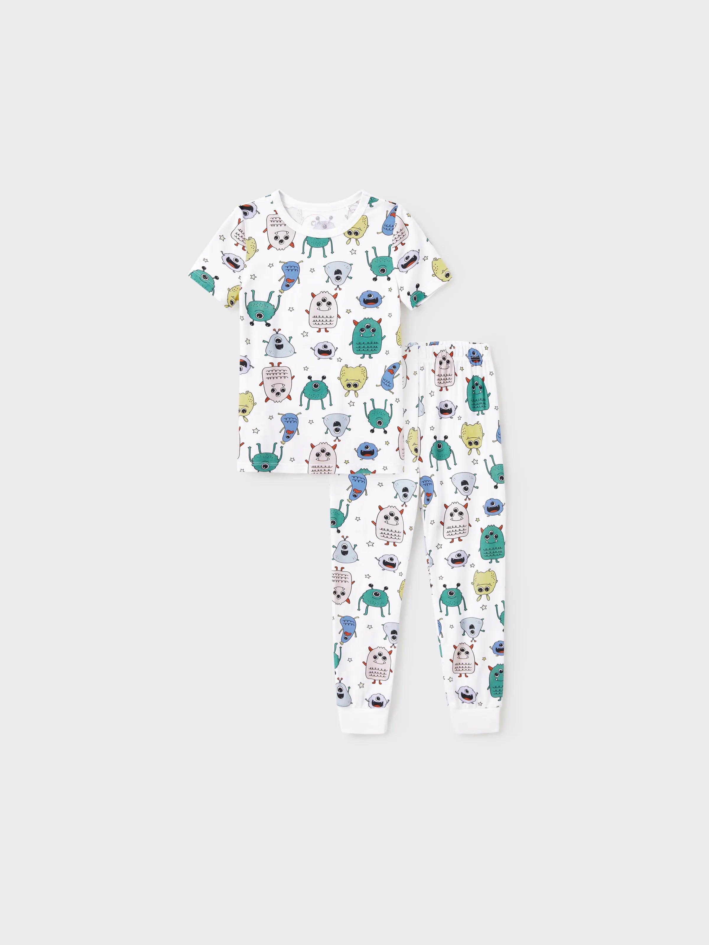Bamboo Family Pajamas Cute Little Monster Print Short-sleeve Matching Pajama Set ( Snug-Fitting for Children ) White