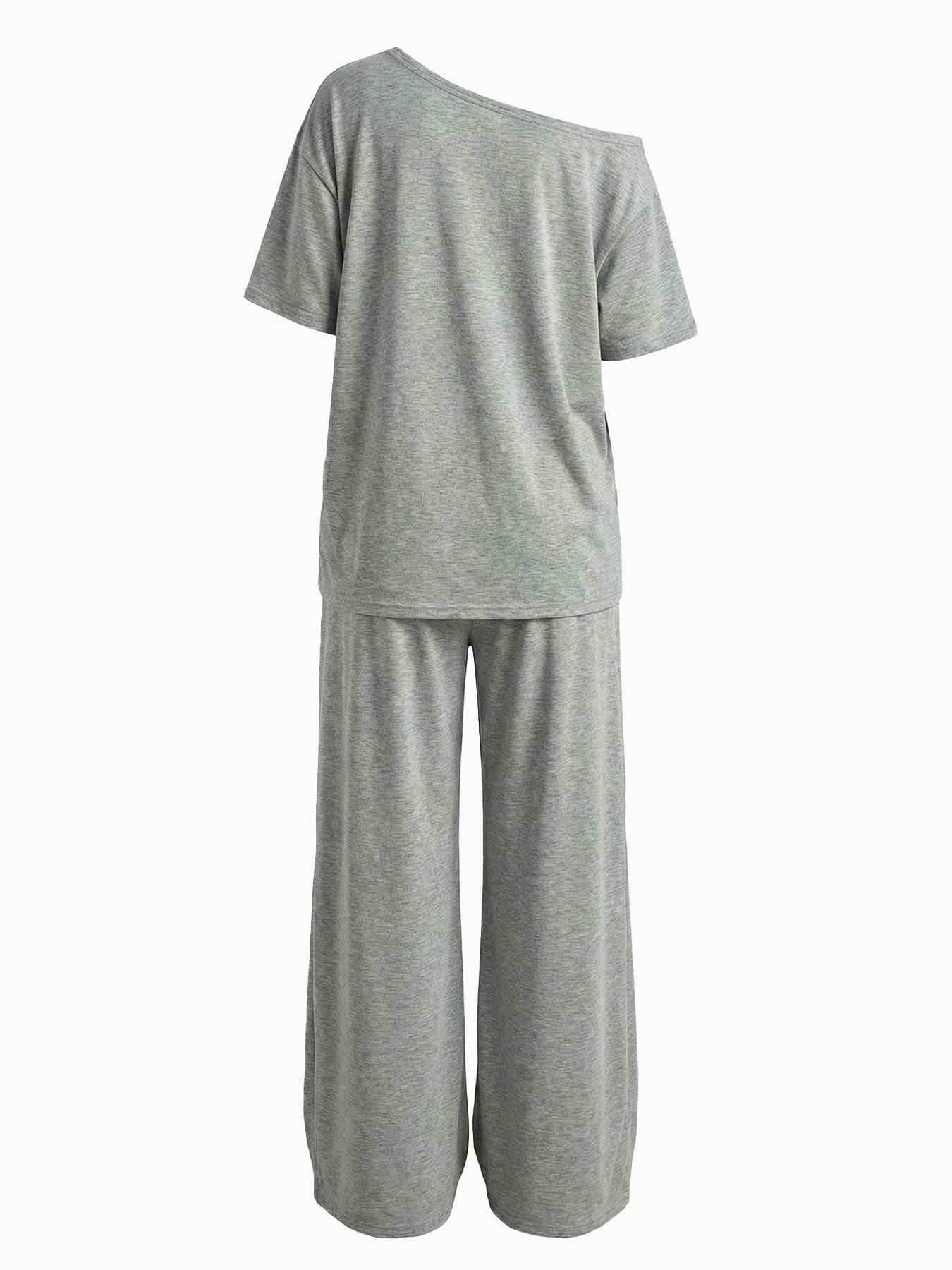 Women's Minimalist Basic Daily Wear Going Out Sport Comfortable Off Shoulder T-Shirt And Wide Leg Pants Two Pieces Outfits
