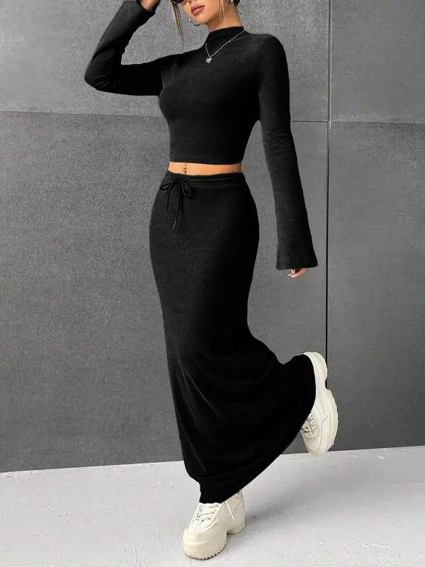 Women's Solid Flounce Sleeve Crop Tee & Skirt Two-piece Set