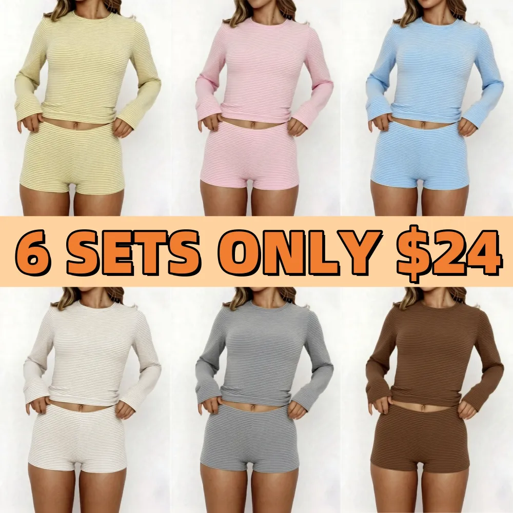 2 Piece Set Women's Casual Striped Shirt + Hot Pants