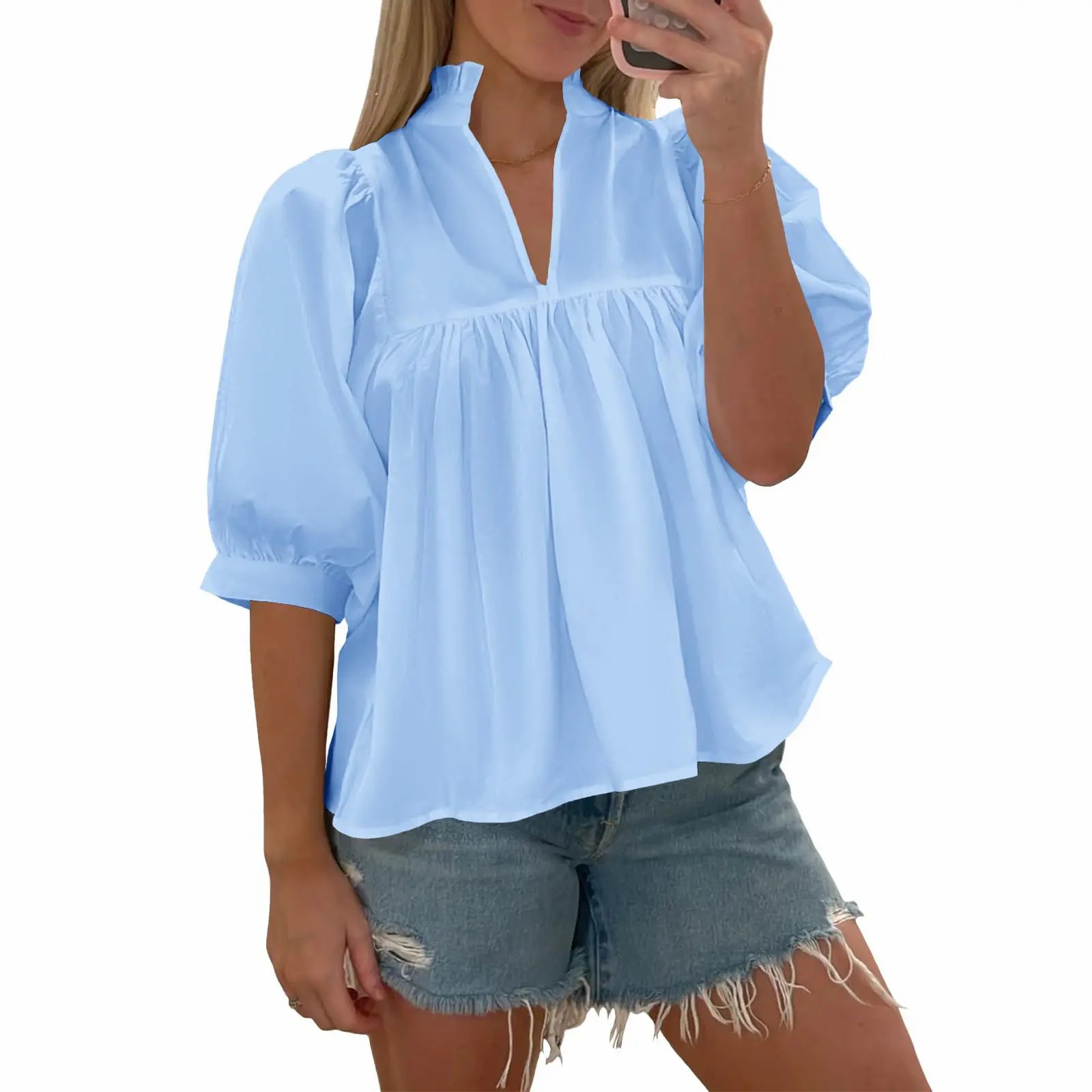Elegant V-Neck Puff Sleeve Peplum Blouse - Versatile Dressy Casual