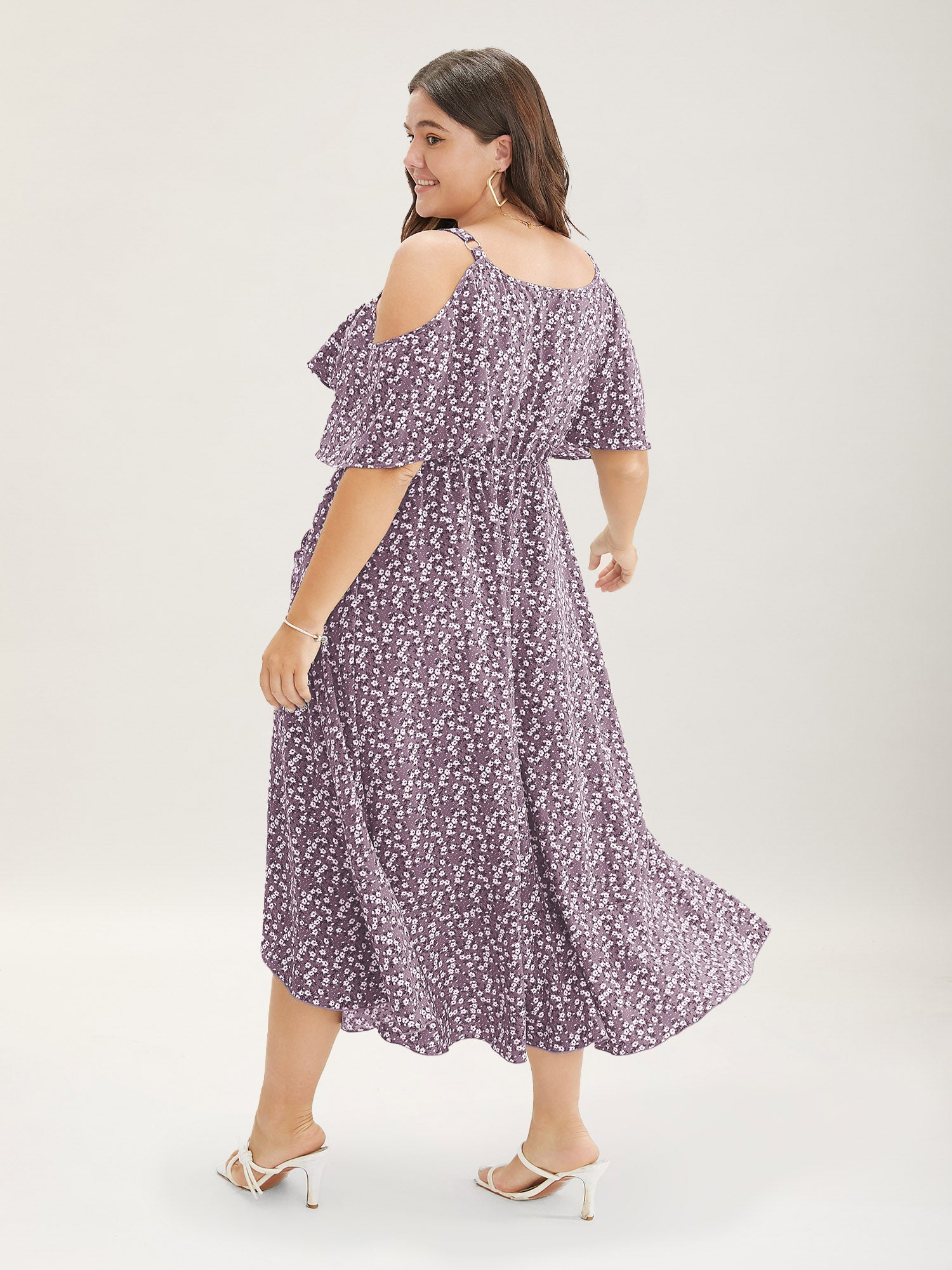 Ditsy Floral Pocket Wrap Cold Shoulder Ruffle Dress