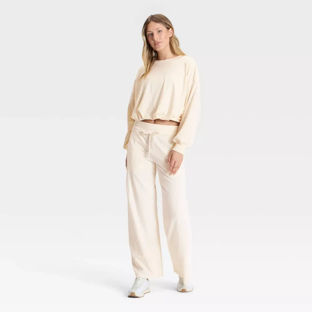 Women's Bubble Hem Long Sleeve Top & Wide Leg Pants Set