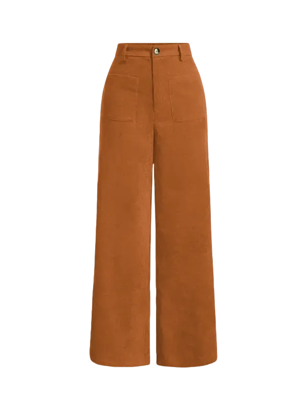 Women's solid color wide-leg pants with pockets and buttons