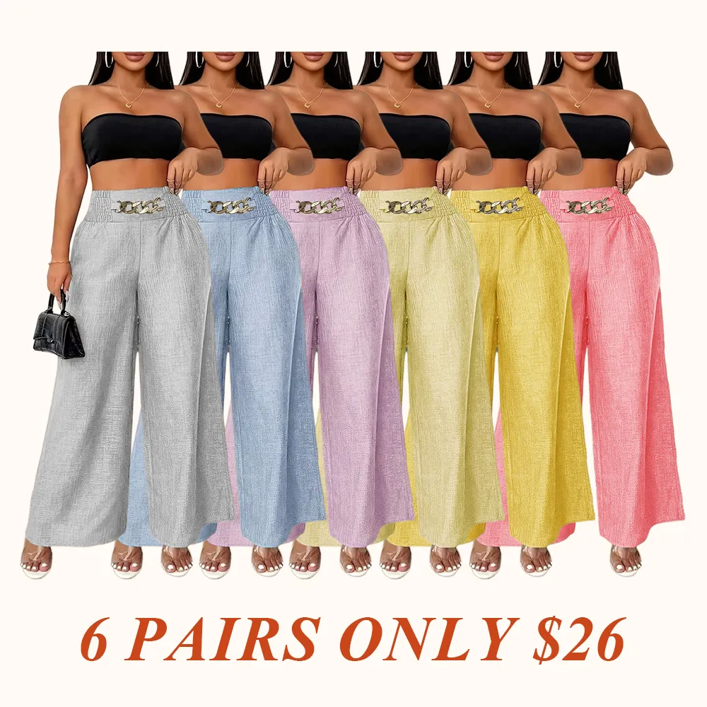 Women's Solid Color High-Waisted Pants, Stretchable Loose-Fitting Wide-Leg Trousers