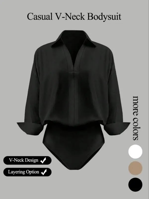 Women's casual loose-fitting V-neck long-sleeved shirt jumpsuit, made from elegant woven fabric