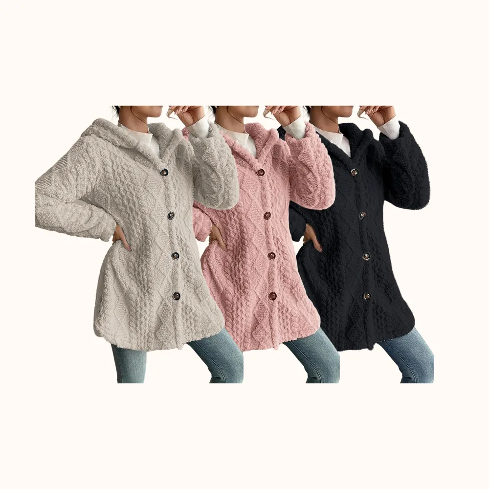 Women's Fall Winter Warm Fashion Jacquard Hooded Cardigan Long Sleeve Coat