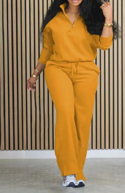 Women's Solid Half Placket Split Hem Pants Set