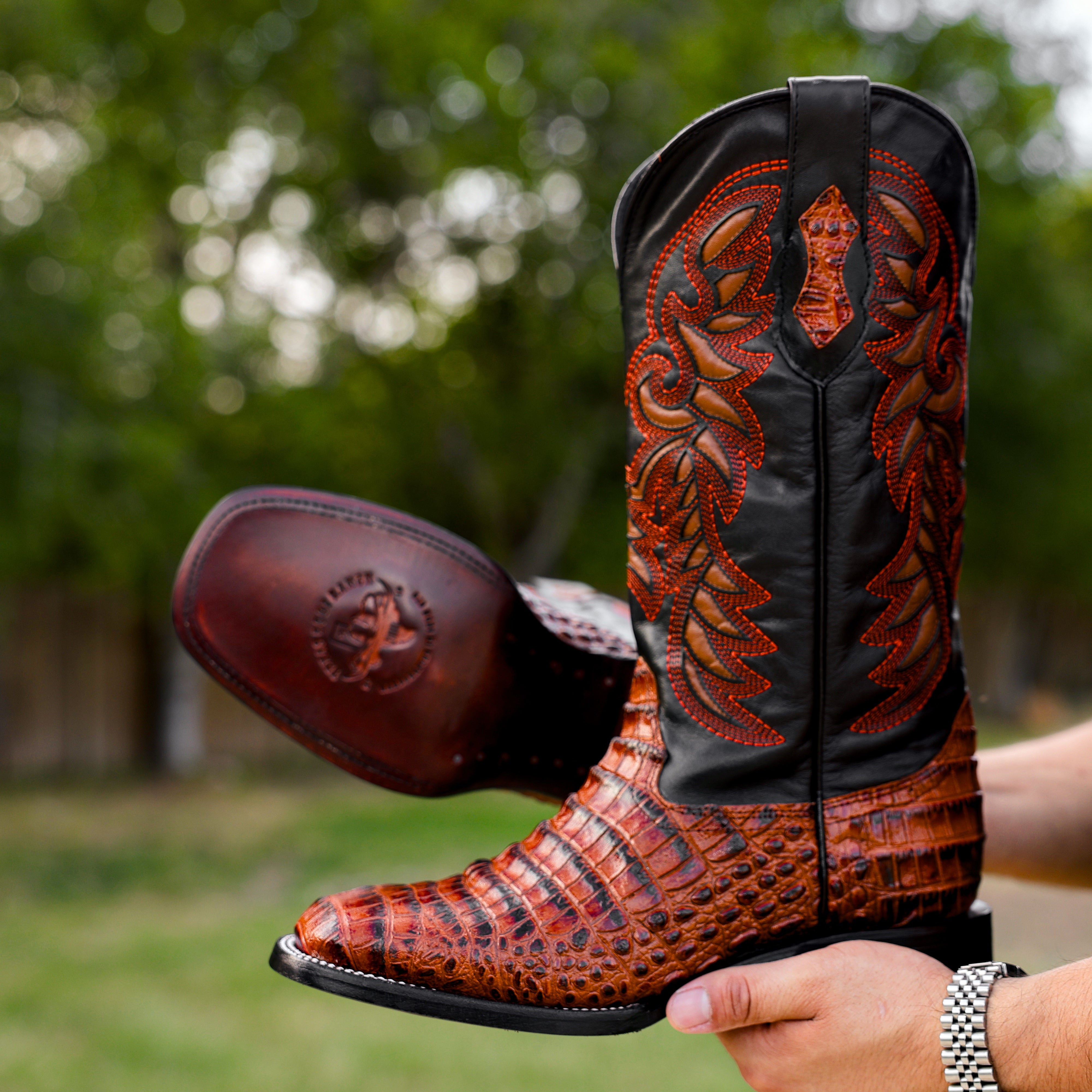 Cognac Caiman Belly Leather Boots - Square Toe