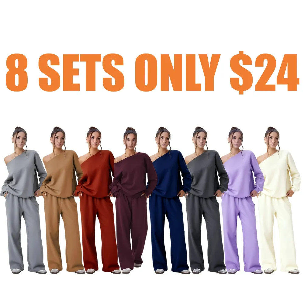 Women’s Sloping Shoulder Top & Wide Leg Pants Set