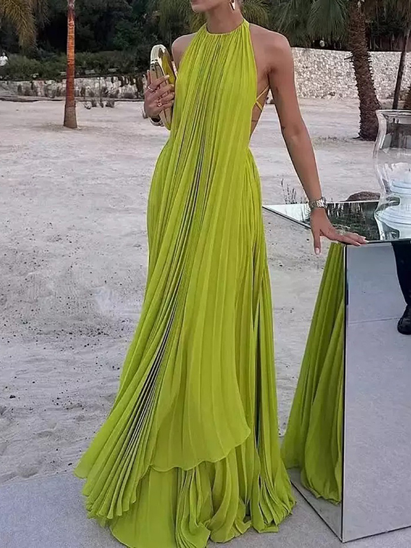 Solid Color Pleated Sleeveless Backless Bandage Pleated Maxi Dresses