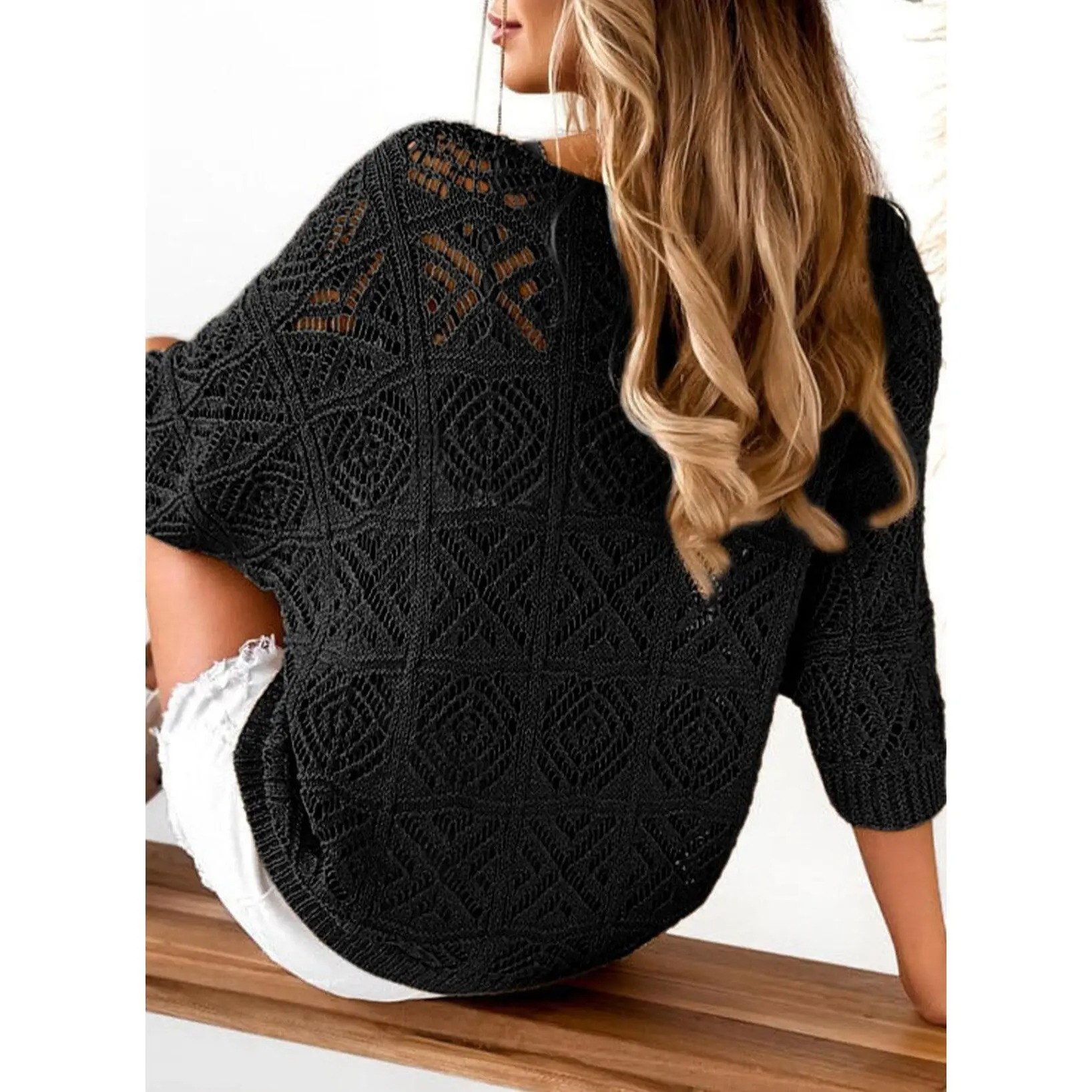 ✨ Women’s Crochet Hollow-Out Off-Shoulder Top – Lightweight 3/4 Sleeve Summer Sweater