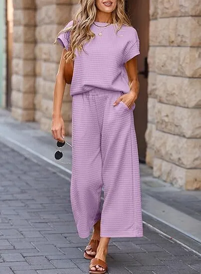 Women's Casual Textured Tops and Wide Leg Pants Lounge Sets
