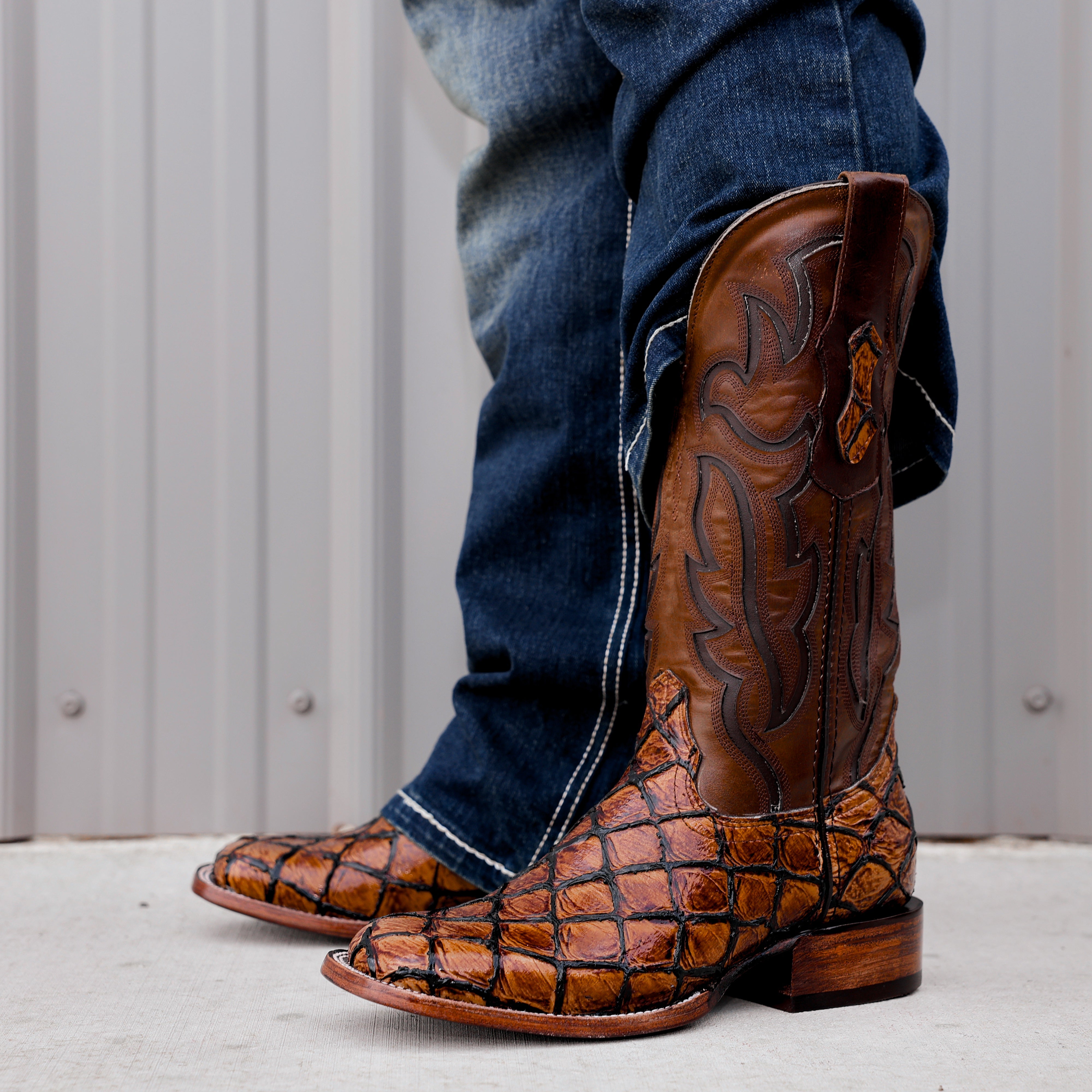 Cognac Pirarucu Leather Boots - Square Toe