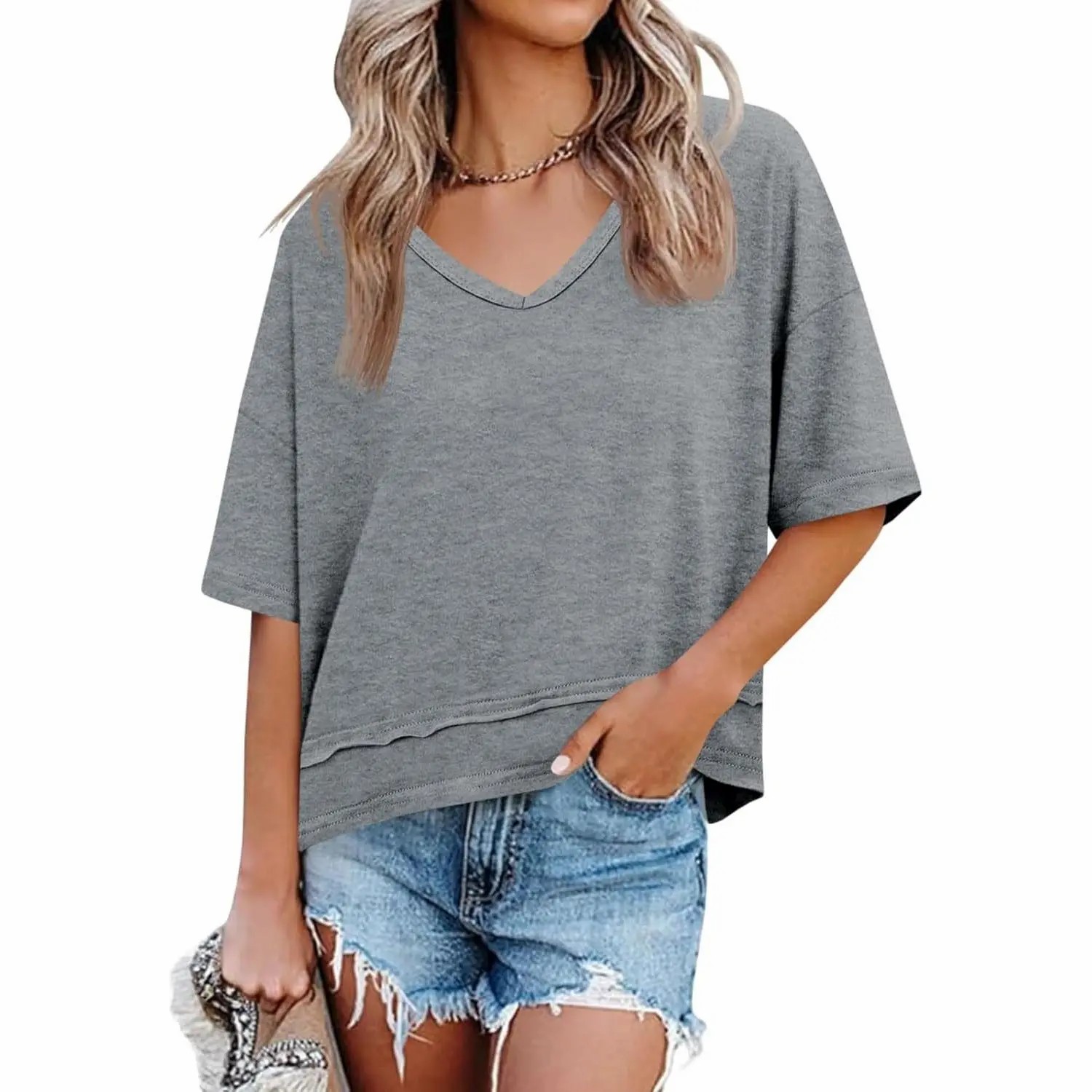 Women's V Neck Flowy Short Sleeve Tee – Casual Loose Fit Basic Top