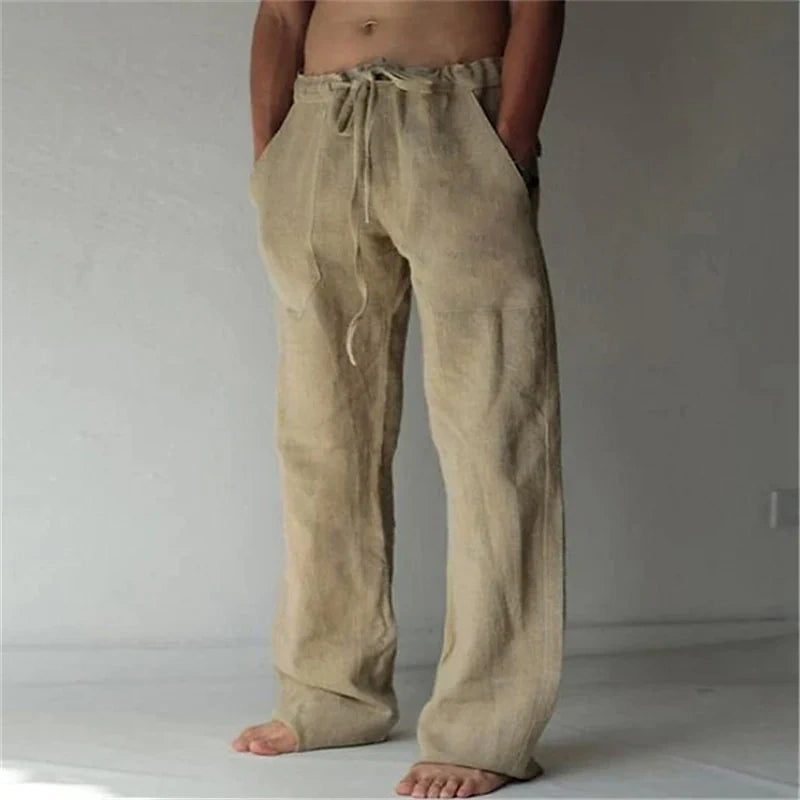 Men's Linen Casual Pants Solid Color Fashion Straight-Leg Trousers Baggy Pants With Pockets Drawstring Elastic Waist Design Beach Pants Daily Yoga Comfort Soft Mid Waist Green White Khaki 3XL
