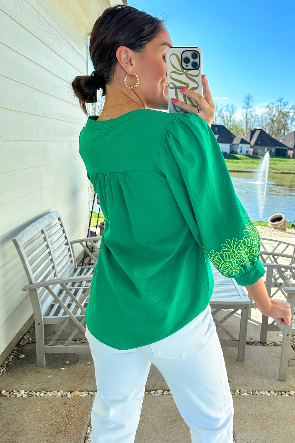 Contrast Floral Embroidered 3/4 Sleeve Notched V Neck Elegant Blouse