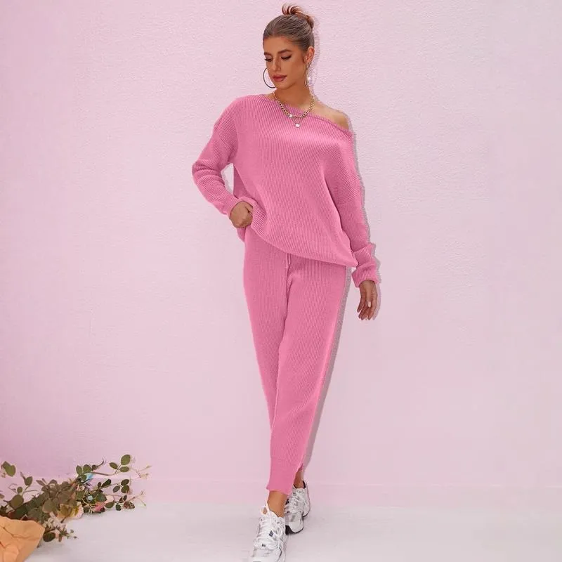 Women's 2025 Fall Winter Knit Set Oversized Sweater & Lounge Pants Matching Sets