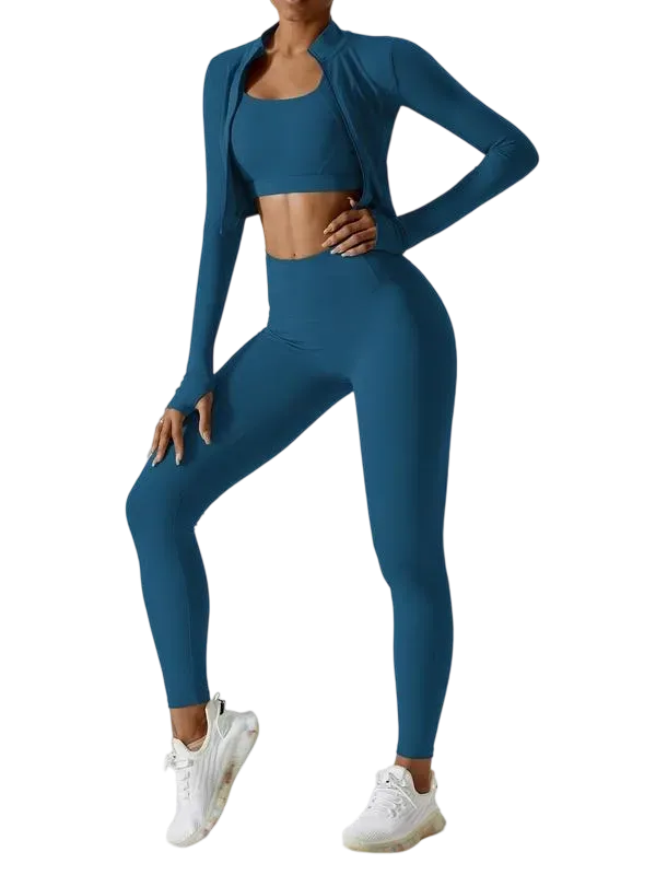 Women’s 3-Piece Workout Set – Sports Bra, Leggings & Zip Jacket with Thumbholes