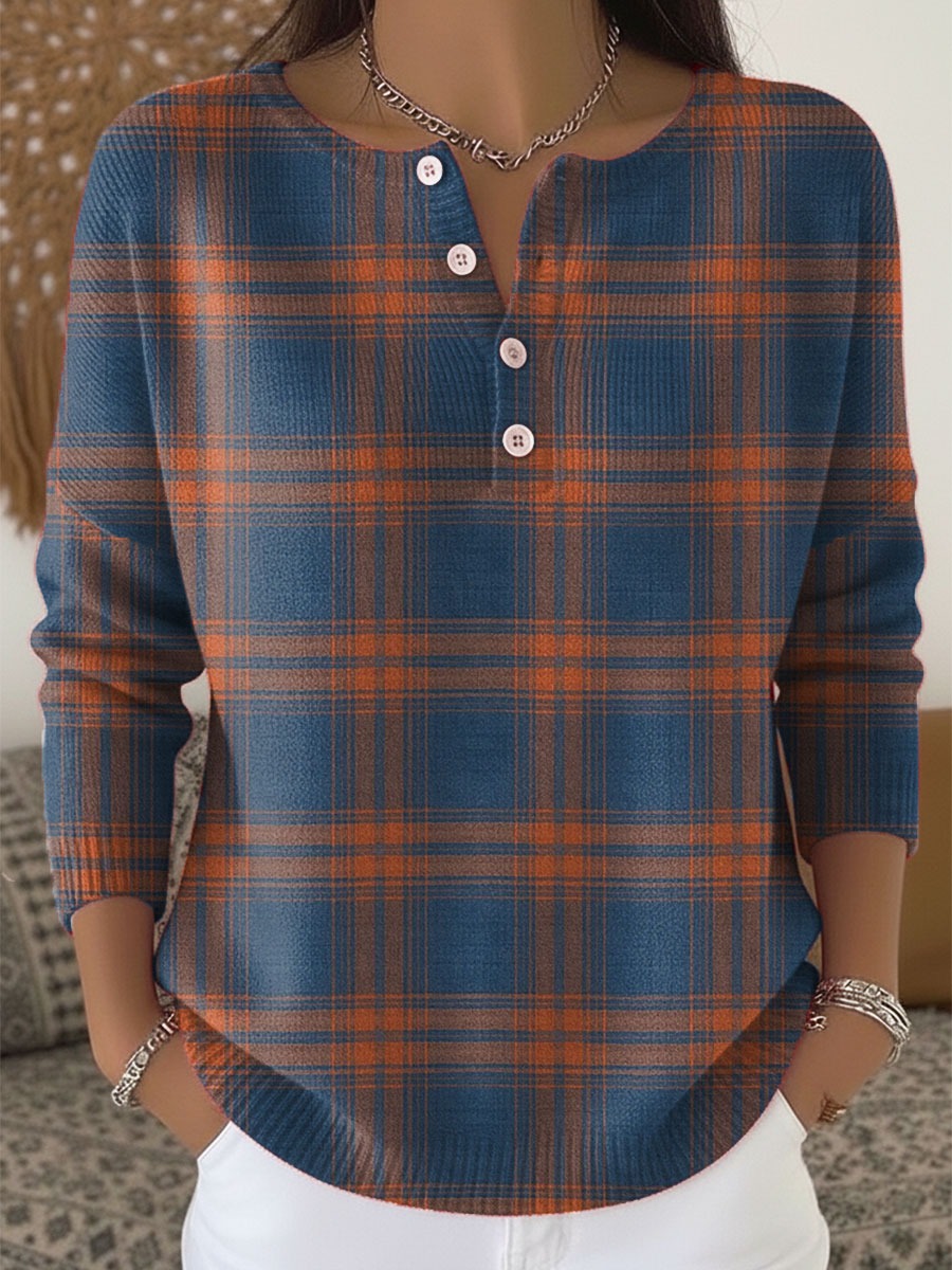 Women's Plaid Print Casual Cotton Buttoned Cardigan Sweater