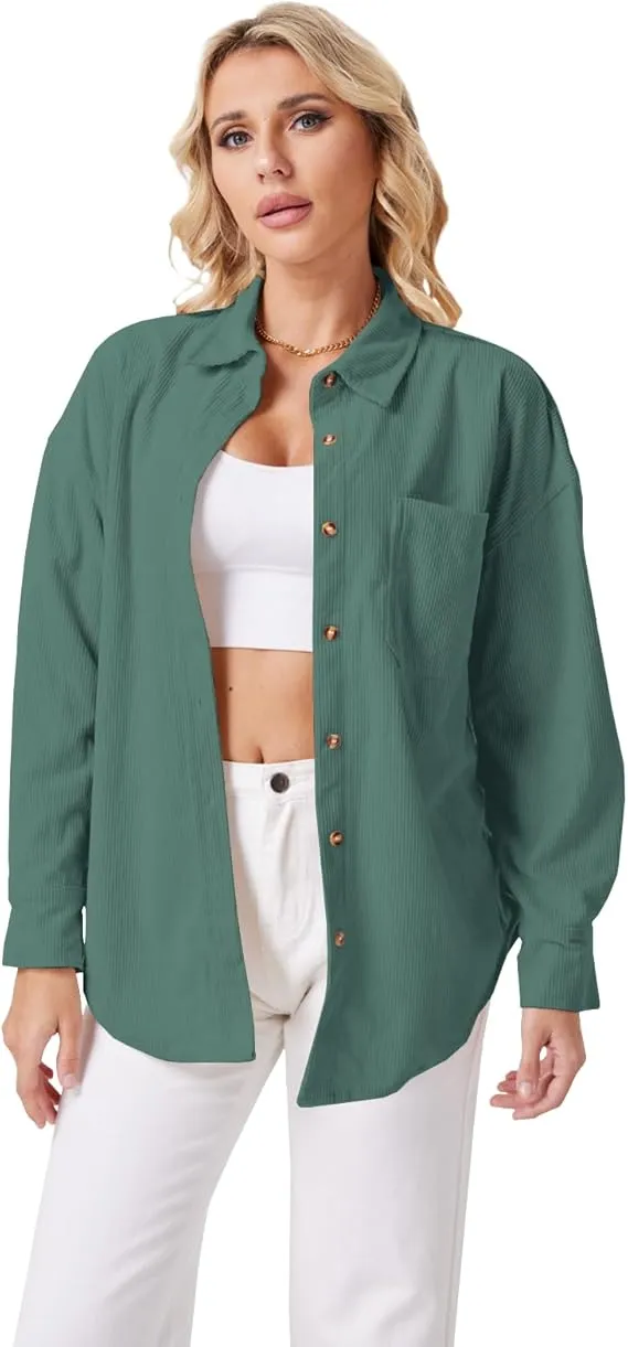 Women's Plain Pocket Button Front Corduroy Shirt