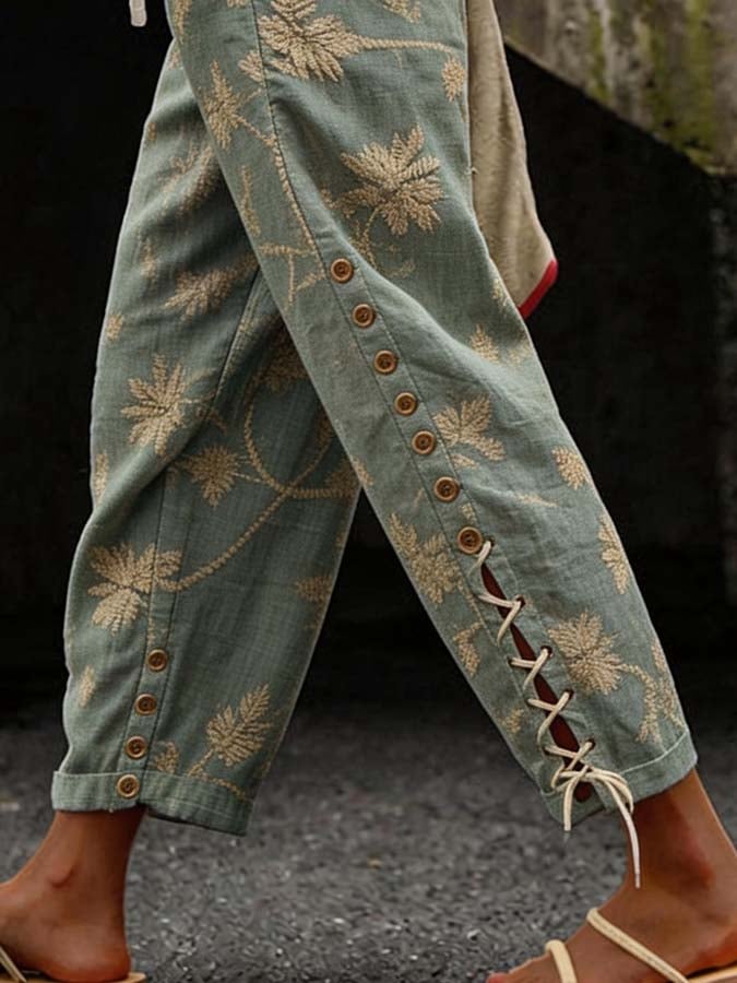Women'S Casual Printed Button-Up Tie Cotton Linen Trousers