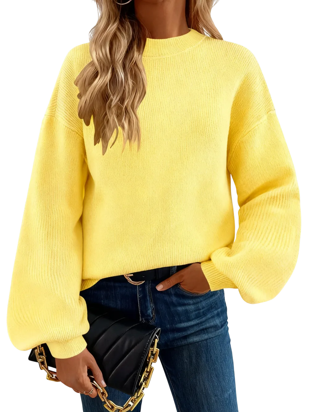 Women's high-neck long-sleeved loose lantern knit sweater