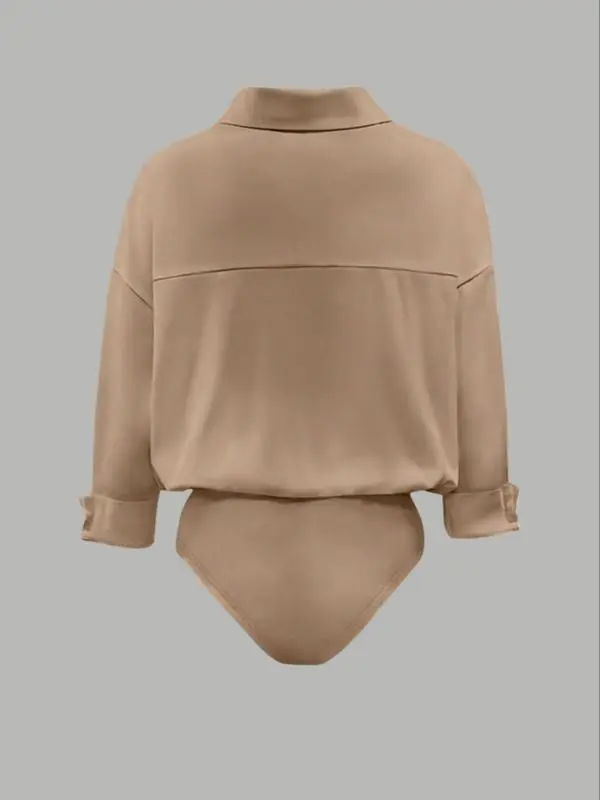 Women's casual loose-fitting V-neck long-sleeved shirt jumpsuit, made from elegant woven fabric