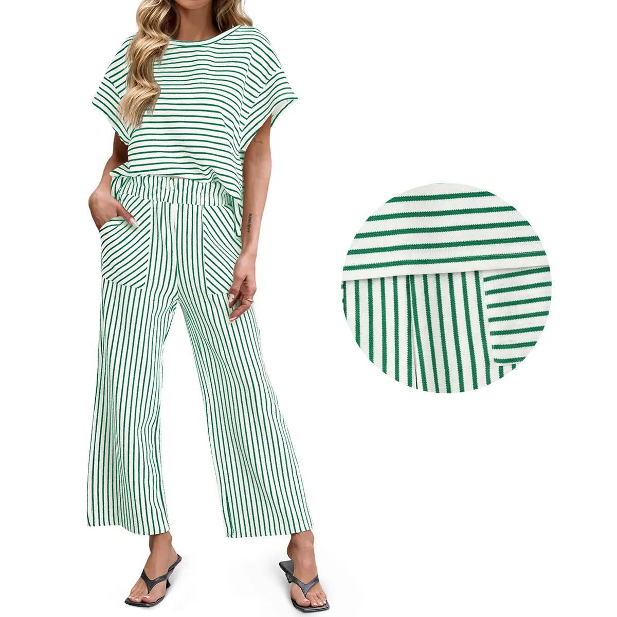 Womens Striped 2 Piece Sets Short Sleeve T Shirts Wide Leg Pants Matching Lounge Set with Pockets