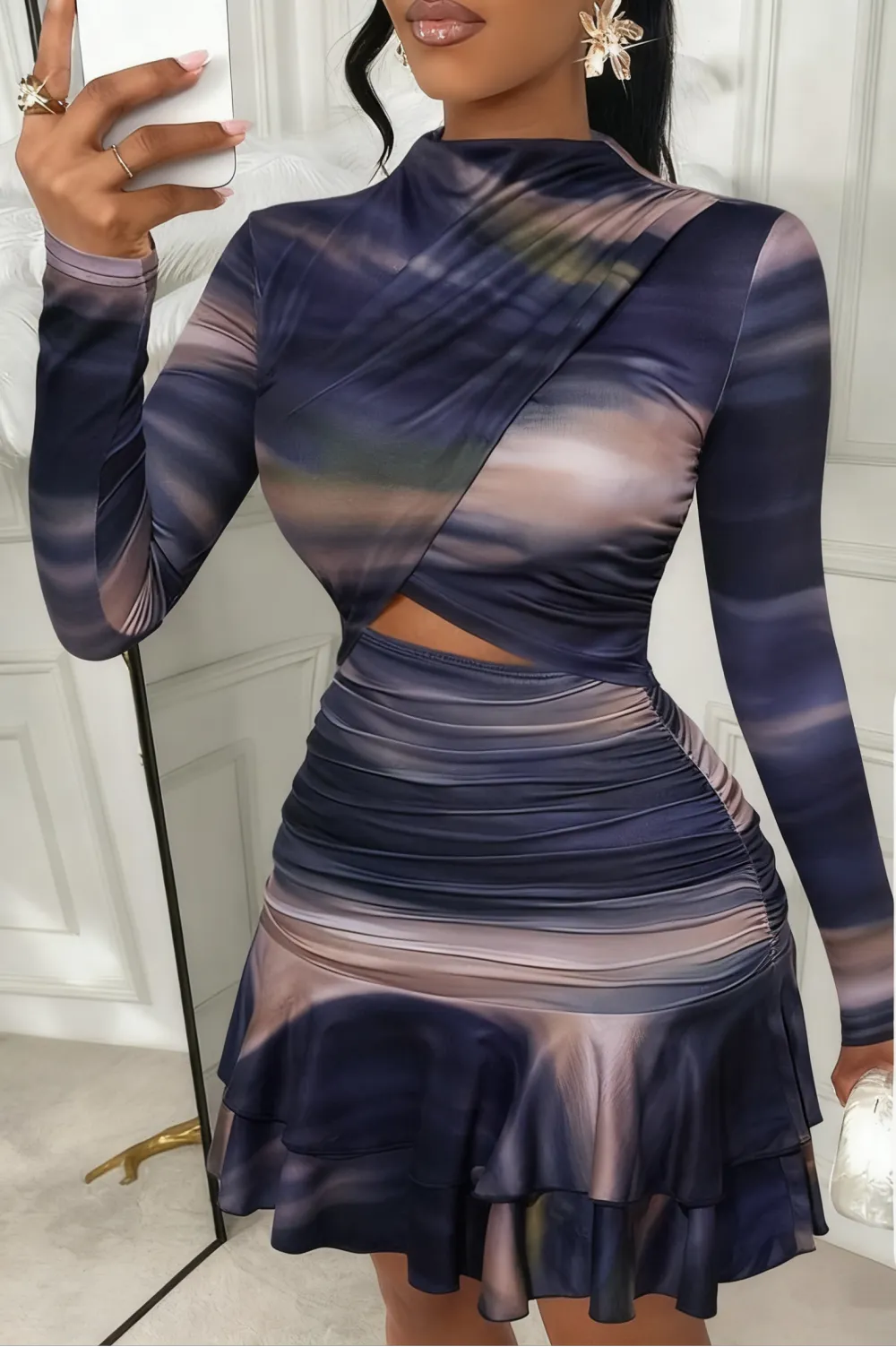 Women's Floral Stand-Collar Ruffled-Hem Mini Dress