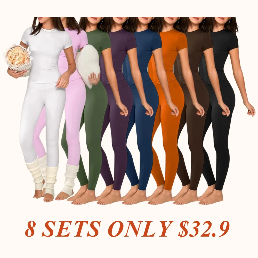 Women's Solid Short Sleeve Tee & Leggings Loungewear, Casual Comfy Round Neck Top & Skinny Pants PJ Set