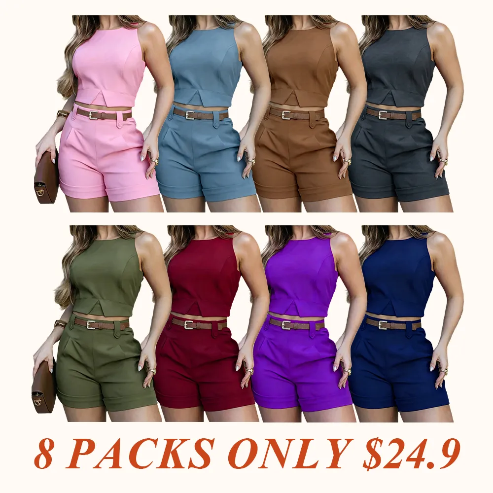 Summer Essential! Simple Solid Color Sleeveless Top Shorts Set, Elegance Without Belt, Perfect for Casual Wear