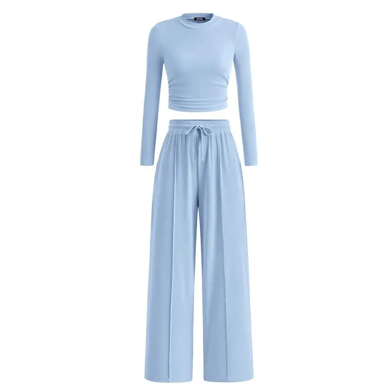 Two-piece ribbed knit long-sleeved cropped top and wide-leg pants