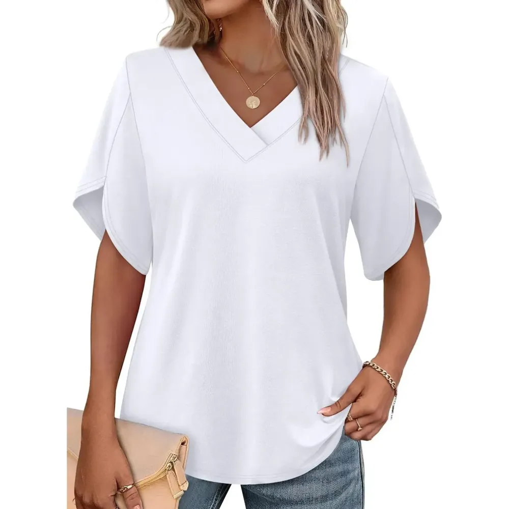 Womens Summer Tops Short Petal Sleeve Shirts Fashion V Neck Outfits Clothes