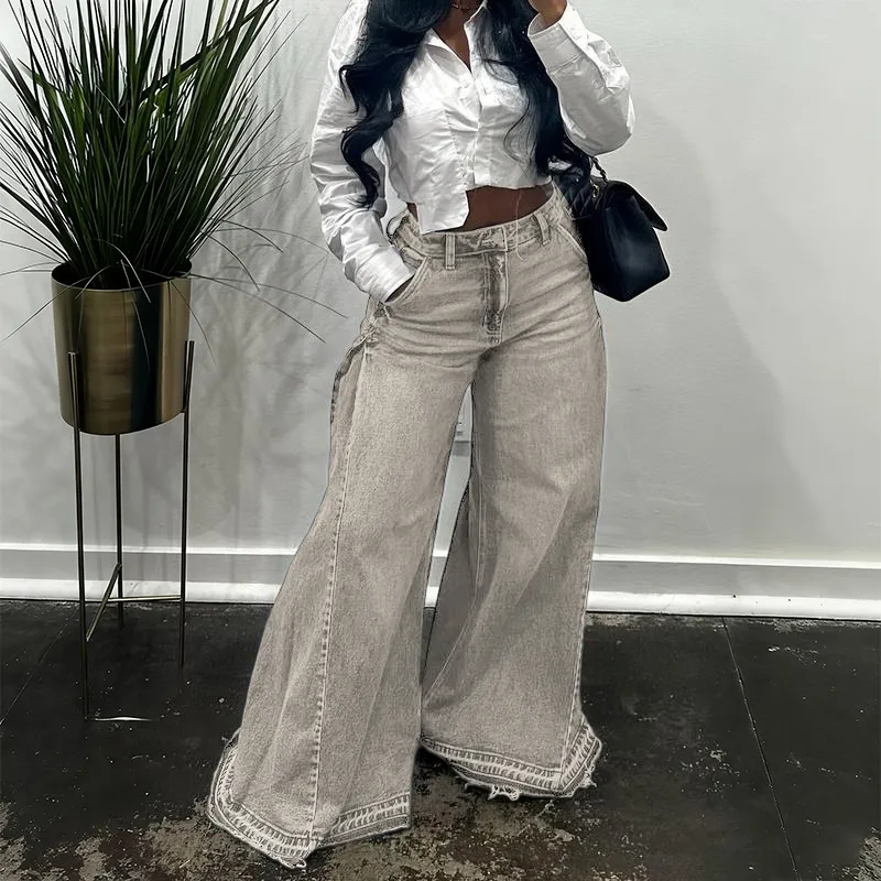 Women Flared Wide Side Loose Jeans High Waist