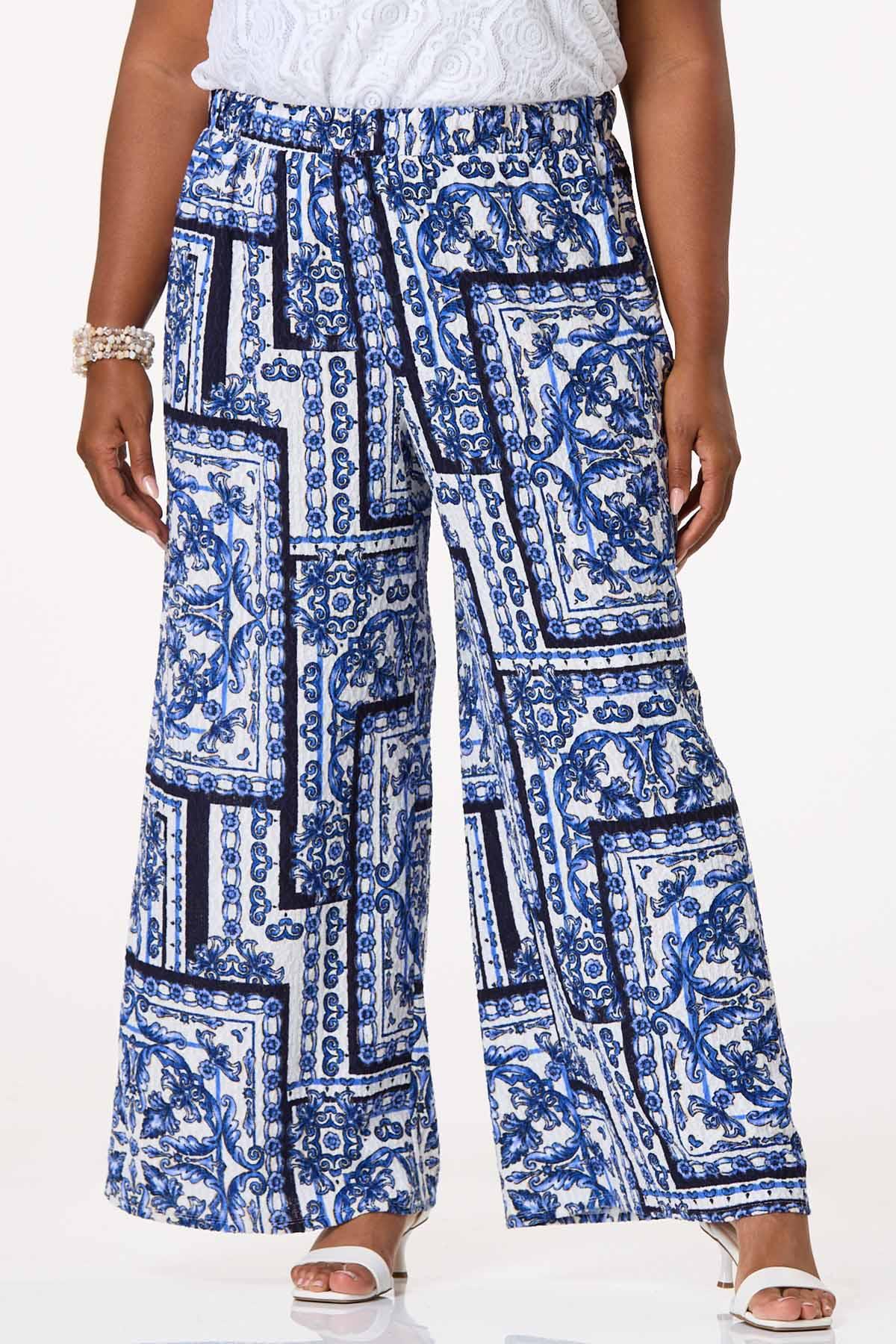 Plus Size Textured Blue Floral Pants